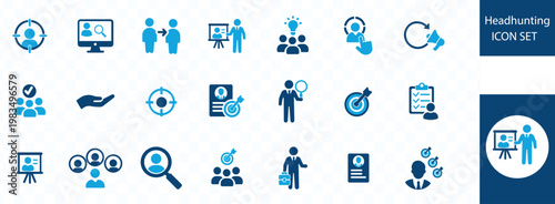 A collection of blue headhunting and recruitment icons depicting various stages of the hiring process and talent acquisition high quality professional detailed modern