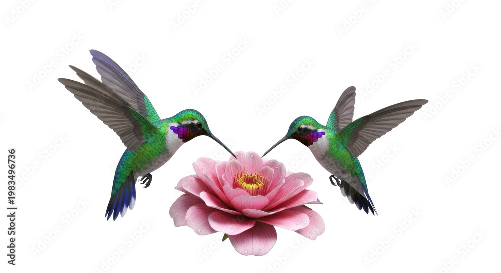 Fototapeta premium Two Hummingbirds Hovering Near Pink Flower
