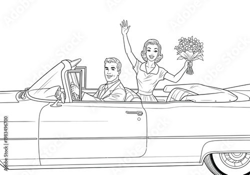 Vintage couple waving from a convertible car with flowers line art