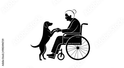 Elderly woman in wheelchair interacting with dog in simple outline style  