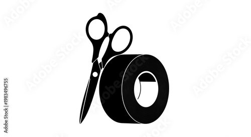 Duct tape roll with scissors leaning against it on plain background  