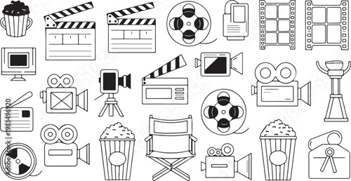 Film, cinema, movie icons, 25 black line art graphics, filmmaking symbols isolated on Transparent Background