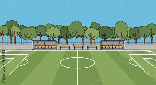 Empty Soccer Field With Benches and Trees - Flat Design Illustration