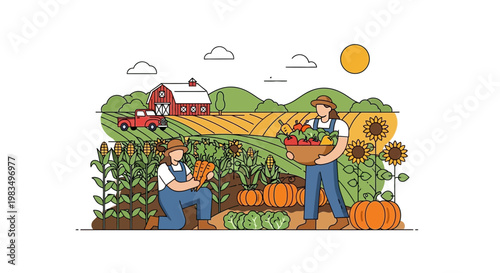 Farmers Harvesting Fresh Organic Vegetables and Fruits on a Sunny Farm