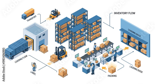 Isometric Warehouse Logistics Diagram: Inventory Flow, Loading, Packing, and Transport