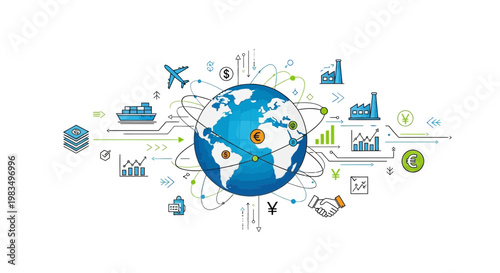 Global Business Network: World Map, Connections, Trade, Finance, Logistics, Industry Icons