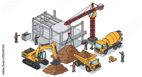 Construction site isometric illustration with excavator, crane, cement truck, and workers.