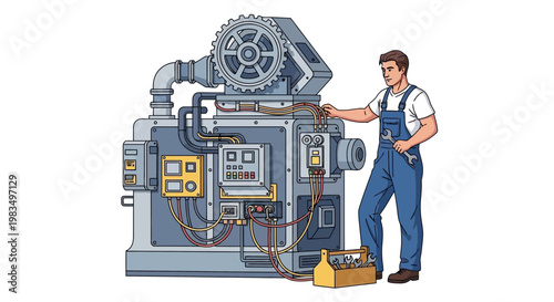 Mechanic working on industrial machine with toolbox and wrench, repair and maintenance concept