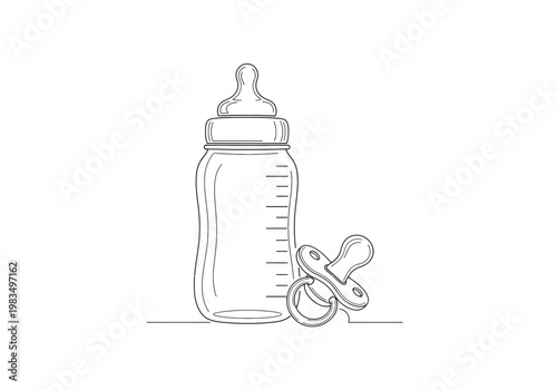 Baby feeding bottle and pacifier outline drawing for childcare with line art