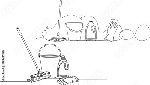 Minimalist Line Art of Cleaning Supplies Including Broom, Bucket, Gloves, and Cleaning Bottles for Household and Cleaning Service Designs