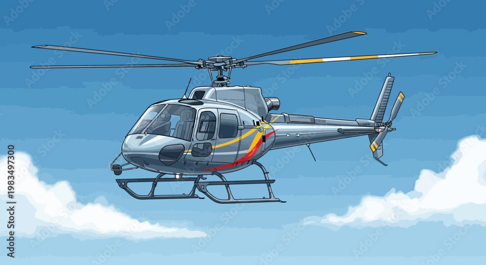 Fototapeta premium Modern Helicopter Flying in Blue Sky with Clouds - Aerial Transport