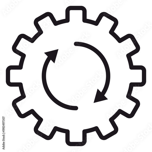Photos Minimalist black vector icon illustration of a gear with circular arrows inside, representing process automation, system update, synchronization, workflow optimization, and continuous cycle