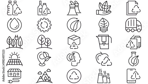 25 Ecology and Sustainability Vector Icon Set Collection, Minimalist Black Line Symbols for Recycling, Green Energy, Waste Management, Nature, Solar Power, Eco-Friendly Technology, and Environment.