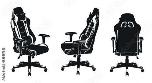 Black office chair in three views.