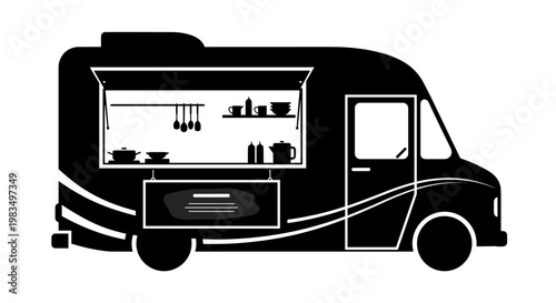 Food truck with open window displaying cooking utensils and menu  