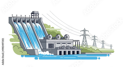 Hydroelectric Power Plant Dam with Water Flow and Power Lines - Renewable Energy