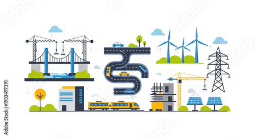 Modern Infrastructure and Renewable Energy Icons: Cityscape, Transportation, and Green Power