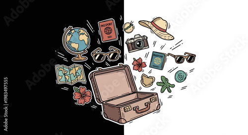 Travel and vacation icons around suitcase.