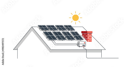 Solar Panels on House Roof with Sun and Chimney - Renewable Energy Illustration