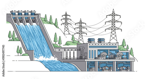 Hydroelectric Power Plant with Waterfall, Turbines, and Transmission Lines