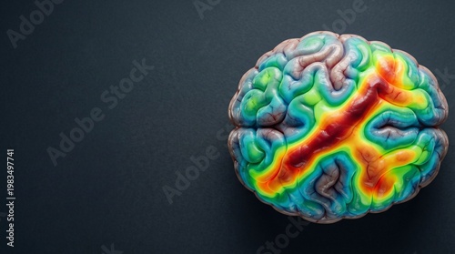 Human brain model with heat map showing neural activity. Concept of neuroscience, neurology research and cognitive function analysis. Medical imaging visualization for science education.