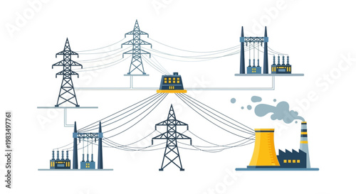 Electricity grid network connecting power plants and substations with high voltage towers