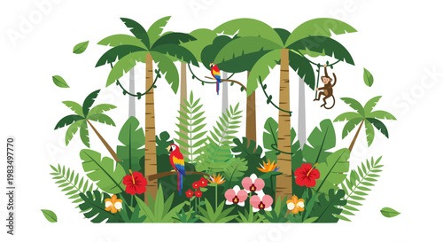 Vibrant Jungle Scene with Parrots, Monkeys, Palm Trees and Tropical Flowers