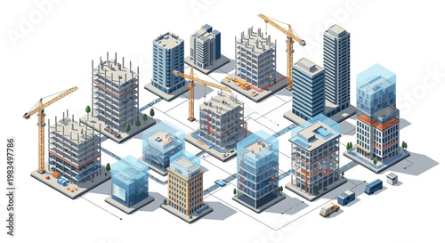 Isometric Cityscape Construction Site with Cranes and Buildings in Progress