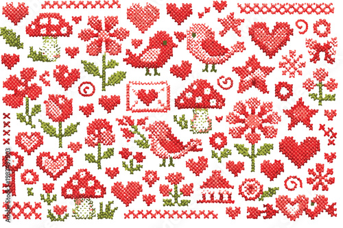 Canvastavla Set of Rustic Cross Stitch Folk Art Icons, Hand Drawn Embroidery Elements with H
