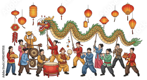 Chinese Dragon Dance Celebration with Lanterns and Traditional Music