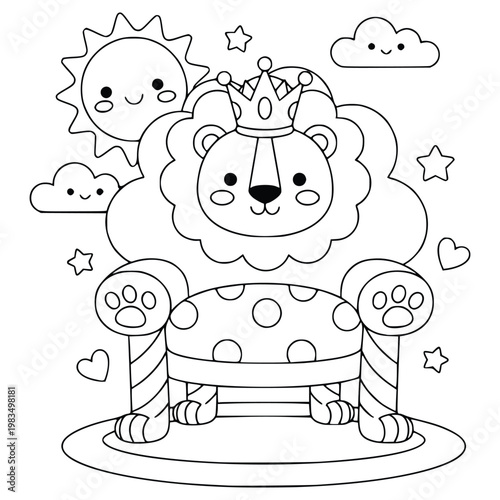 Cute lion throne coloring page with smiling sun and stars