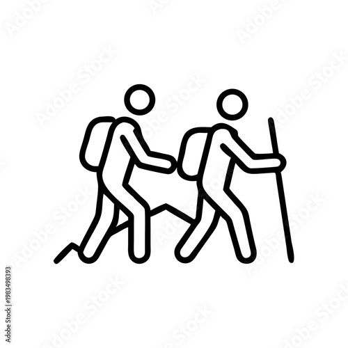 Two hikers walking on a trail with backpacks and trekking pole  