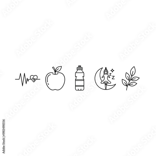 Wellness and healthy living icons set with heart apple water sleep leaf