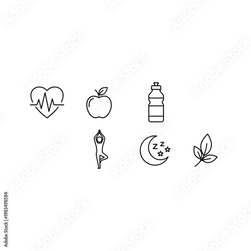 Healthy lifestyle line icons set including heart apple water and sleep