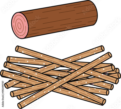 Wood Logs and Firewood Sticks Illustration with Timber Pieces for Forestry, Fuel Material, Campfire Preparation, and Natural Resource Design Concepts