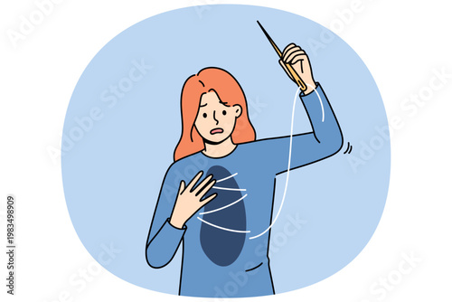 Unhappy woman sews up friend in chest, using thread and needle to get rid of mental pain. Mental pain torments young girl who needs help from psychologist and love from loved ones.