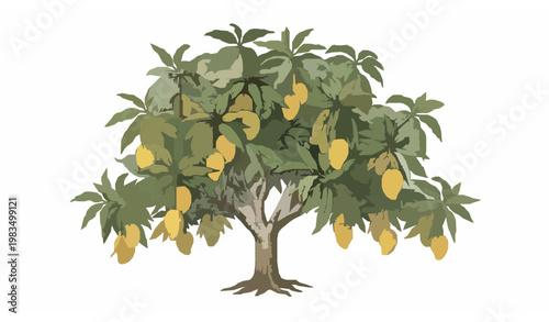 Mango Tree with Yellow Fruits Tropical Botanical Illustration Isolated