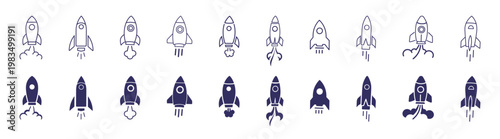 Rocket launch startup business space line icon set on transparent background