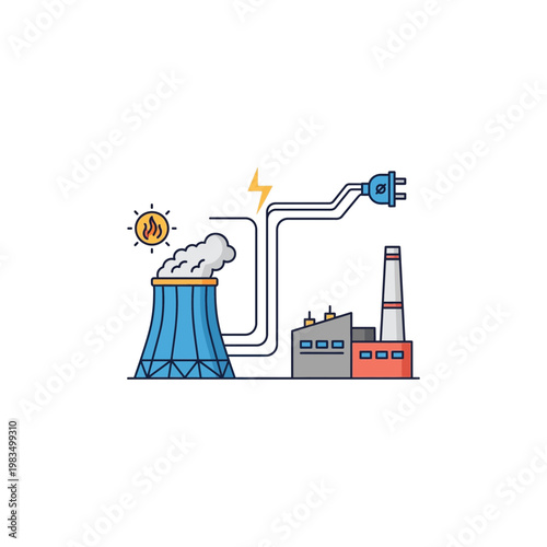 Industrial power plant icon with cooling tower and electrical plug