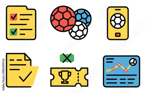 Sports betting icon set, vector illustrations including betting slip, match odds, money stack, bet confirmation, live odds screen, win/loss ticket, and prediction chart, clean flat and outline design