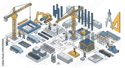 Construction Site Isometric View: Cranes, Excavator, Blueprint, Workers & Building Materials