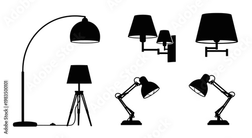 Collection of various desk lamps and lighting fixtures.