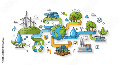 Eco-friendly Energy Cycle: Earth, Wind Turbines, Solar Panels, Green Industry