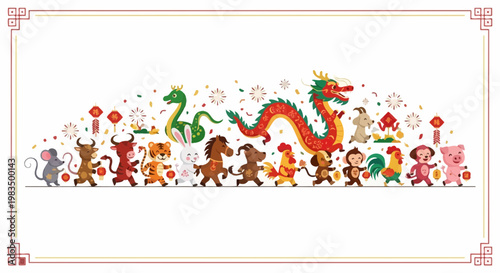 Chinese Zodiac Animals Parade with Dragon, Festive Background