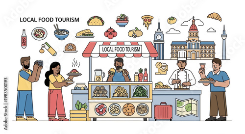 Local Food Tourism: People enjoy diverse street food at stalls with city landmarks in background