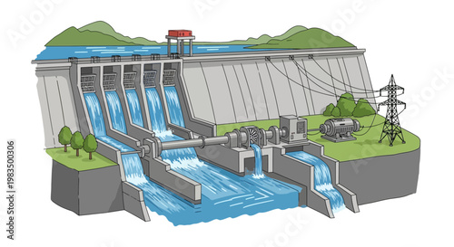 Hydroelectric Power Plant Illustration: Dam, Water Flow, Turbines, and Energy Generation