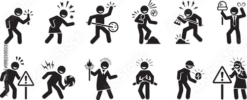Black silhouette icons, construction worker set, 12 accident symbols, safety signs isolated on Transparent Background