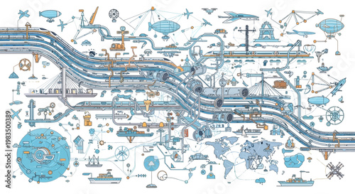 Whimsical Transportation Network Infographic: Planes, Trains, Ships, and Airships