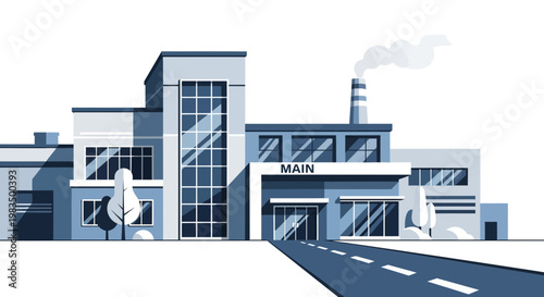 Modern Factory Building with Smoke from Chimney, Industrial Architecture, Blue Tones