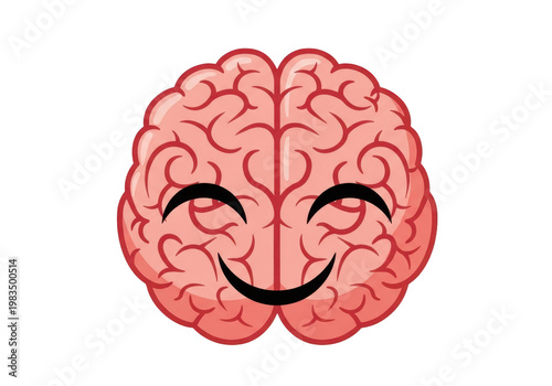 A smiling brain illustration with highlighted regions showing emotional expression